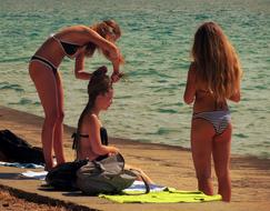 Young Girls Sea Before Bathing Hot