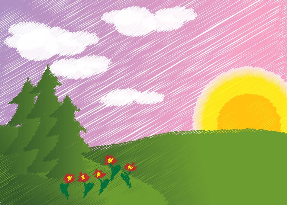 Childrens colorful drawing of the sun and trees