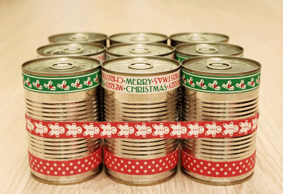 red-ribboned iron cans