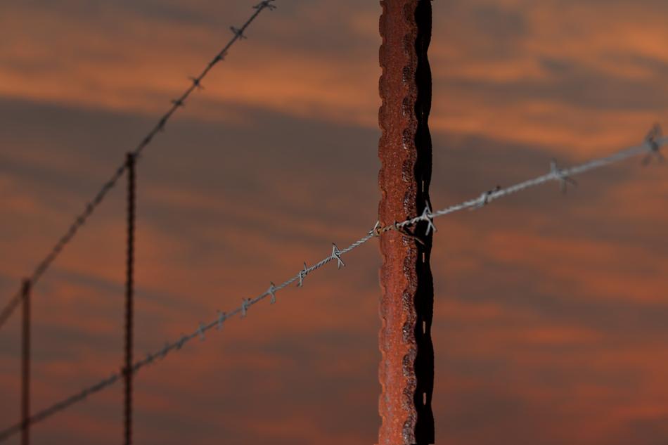 barbed wire fence at sunset