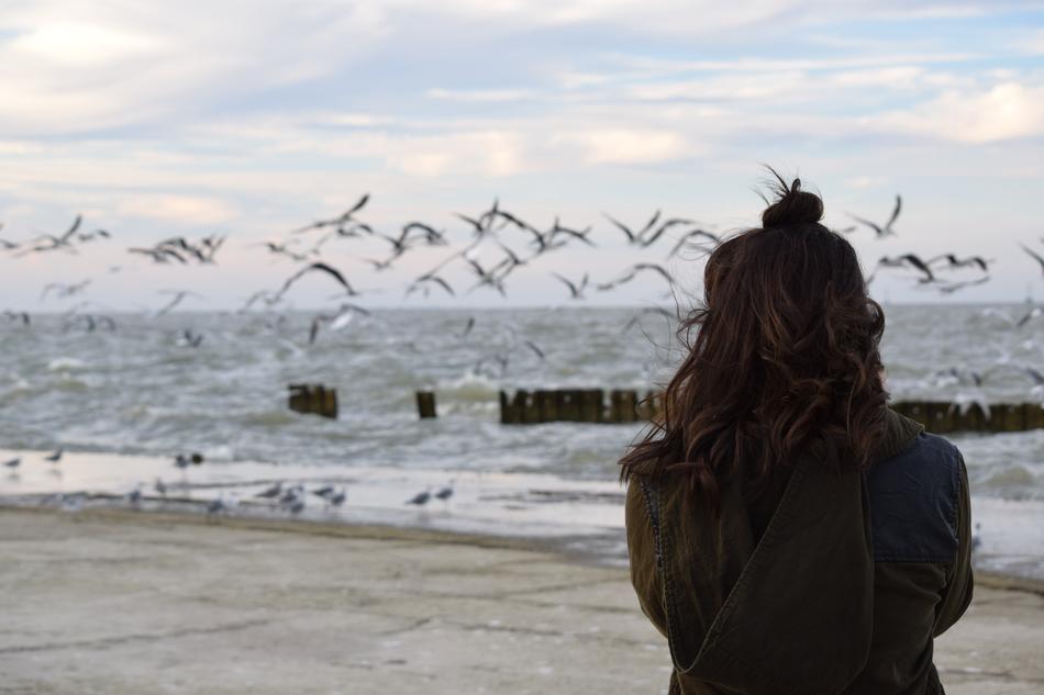 Girl with flying seagulls in the background