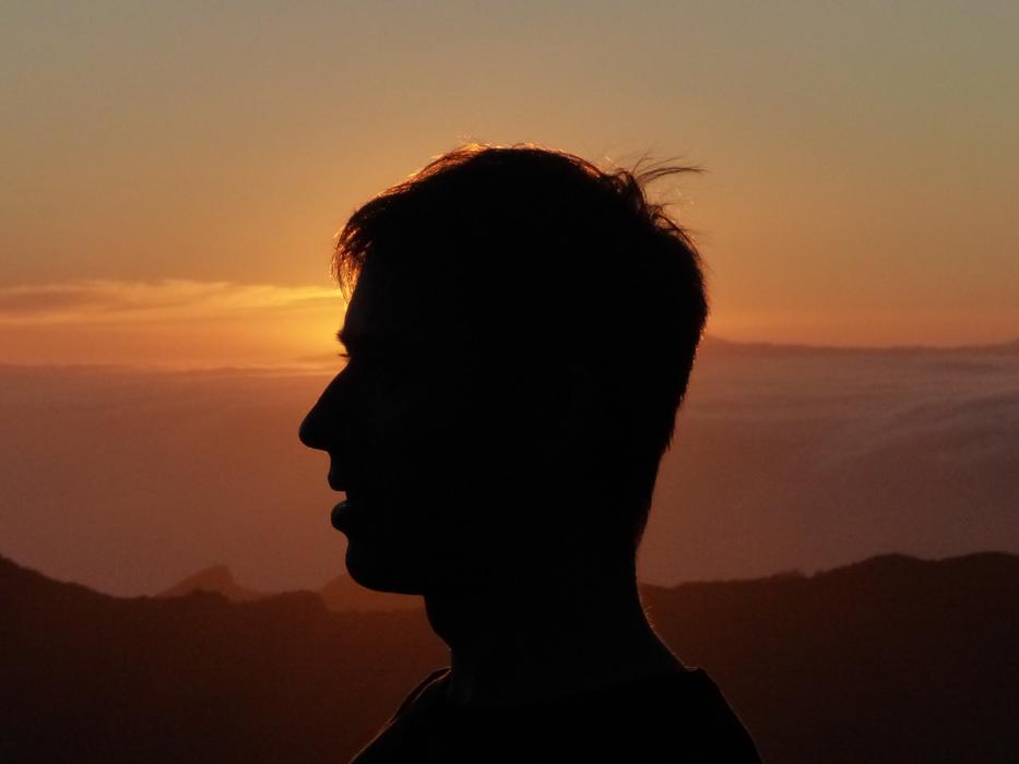 A man in profile against the background of sunset