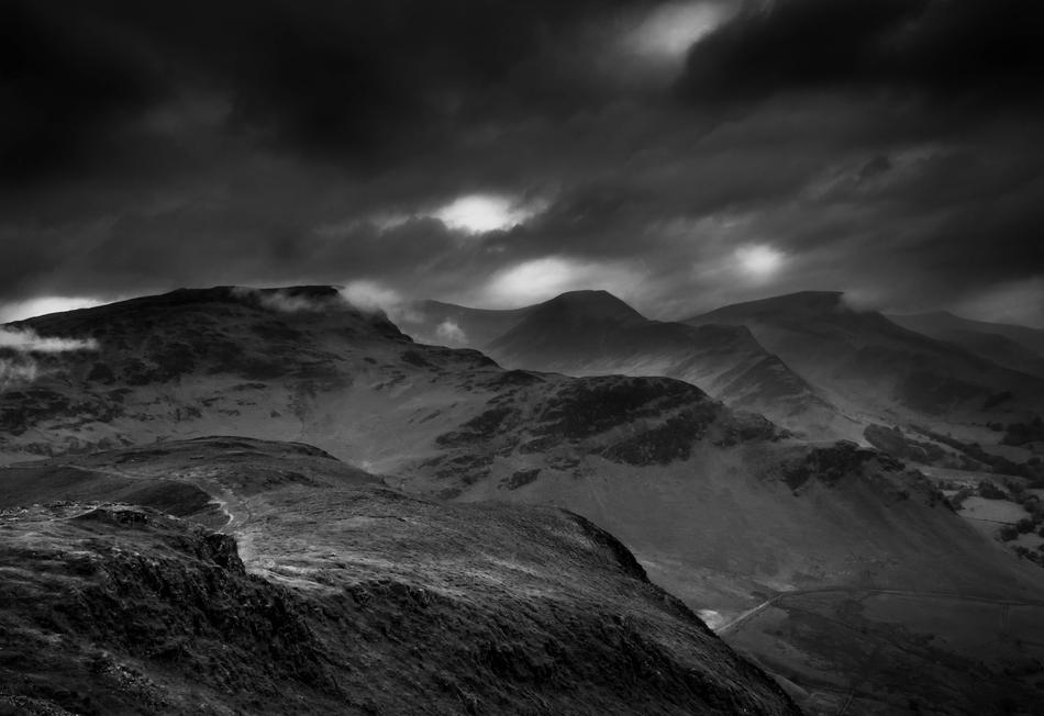 snowy mountain plains in the night
