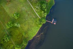 green meadow by the lake with a bridge