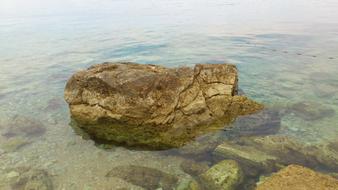 big rock in the moss in the lake