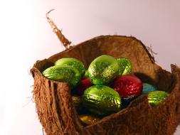 Easter Eggs candies inside Coconut shell