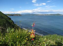 colorful doll, funny decoration on scenic sea coast