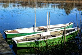 two Rowing Boats moored on Lake