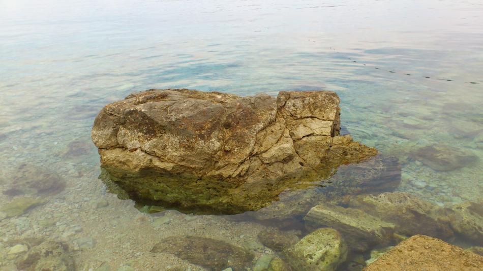 big rock in the moss in the lake