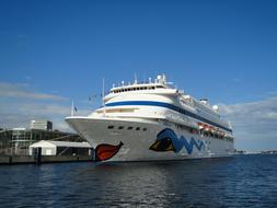 a huge resort ship in the ocean stands