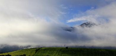green mountain with clouds