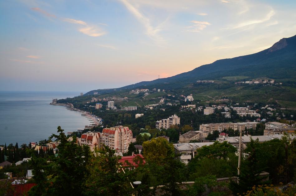 city on Sea coast at summer Evening, russia, Yalta