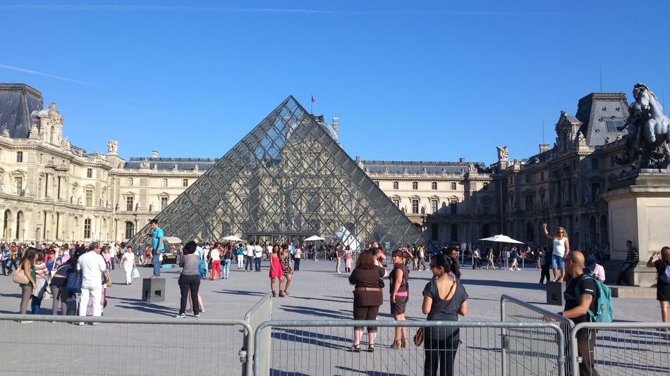 people resting on square near Louvre Museum, france, Paris