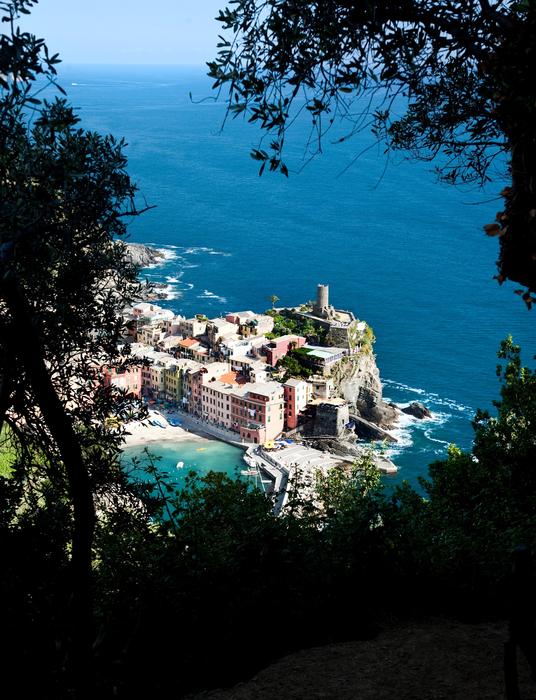 tower in village on cliff at sea, italy, Cinque Terra, vernazza