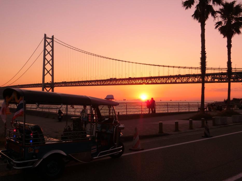 long bridge with sunset sun