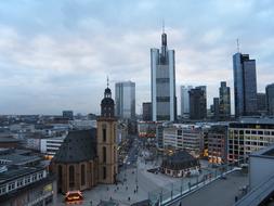 roof view of city at dusk, germany, Frankfurt