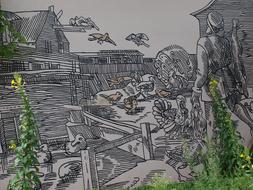 black and white village image
