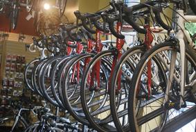 bicycles on a rack in a store