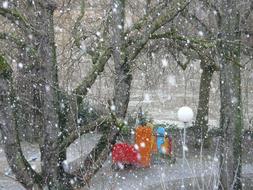 Snowfall in park, window view