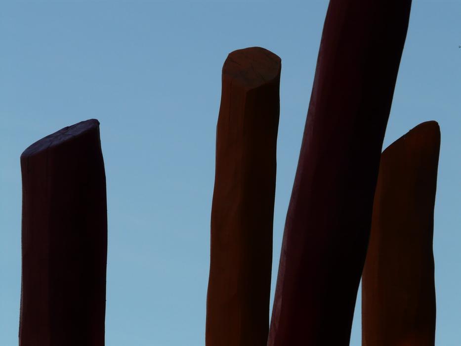 silhouettes of logs against the blue sky