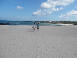 people are walking on the beach against the background of clouds