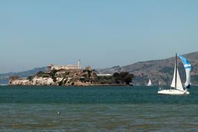 sailing boat on sea near Alcatraz Prison on Island, usa, california, san francisco