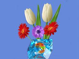 red gerbera, white tulips and purple flower in a vase
