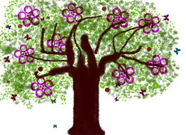 Tree Spring green violet flowers drawing