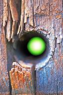 hole in a wooden fence close up