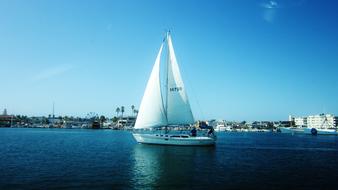 sailboat on Blue Water in view of coastal city