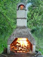 Stone grill, with the burning wood, among the beautiful, green plants