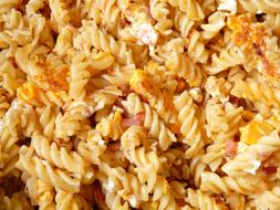 Beautiful and colorful ham pasta, with the egg