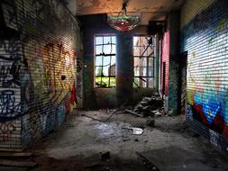 Old building, with the colorful graffities and windows, with the light, in Chicago