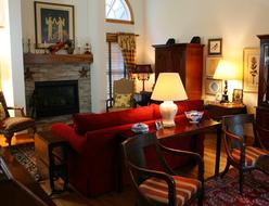 living room with sofa and fireplace