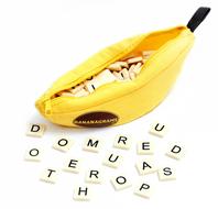 Bananagrams scrabble toys with the pieces with signs, on the white surface