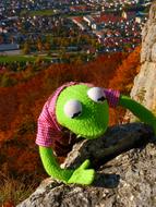 Kermit frog toy climbing rock
