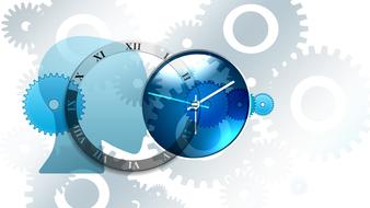 Head, clock and gears on blue, grey, black and white clipart