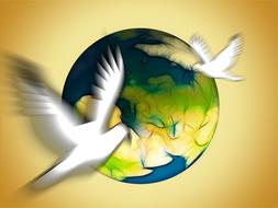 Beautiful clipart with the colorful Earth globe and flying, white pigeons, at orange background