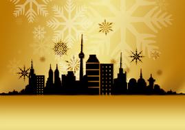 christmas card with silhouette of skyscrapers and snowflakes