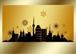 golden christmas card, snowfall above city