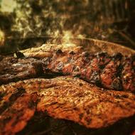 Close-up of the colorful barbecue, with the smoke, on the grill, in light