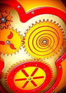 Red, orange and yellow toy gears, clipart