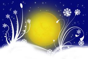 Beautiful yellow Moon in the blue sky with white swirls, snowflakes and other decorations, on clipart