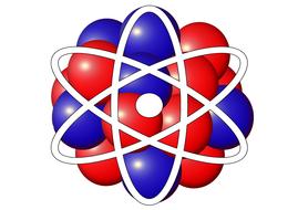 drawn red-blue atom on white background