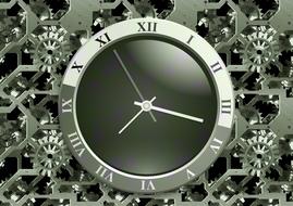 Model of the shiny, clock, at background with the gears in construction, clipart