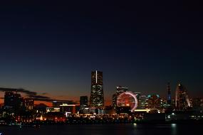 night panorama of the large pier in Yokohama, Japan