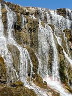 Close-up of the beautiful Upper DÃ¼den Waterfall, on the rocks, at blue sky on background, in Antalya, Turkey