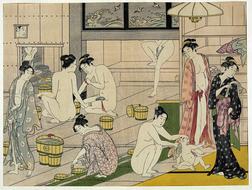 group of Women in Bathhouse, antique japanese drawing