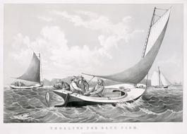 Black and white drawing with the fishermen on the boat, among the other boats, on the water, with waves, clipart