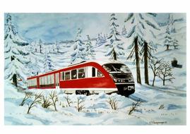 Watercolour Painting of Train at winter